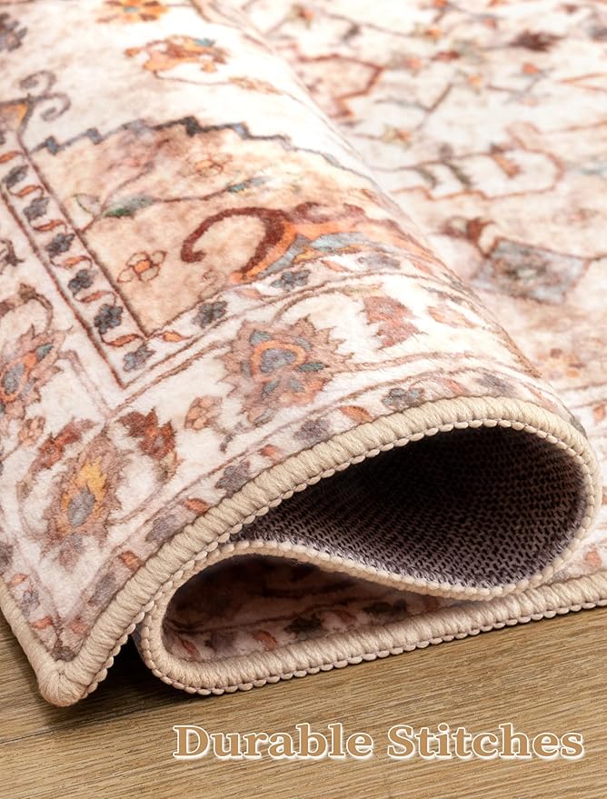 SERISSA Boho Washable Runner Rug, 2x5 Non-Slip Vintage Peach Cream Hallway Kitchen Runner Rug Ultra Soft Print Distressed Floor Carpet for Bedroom Bathroom Laundry Living Room