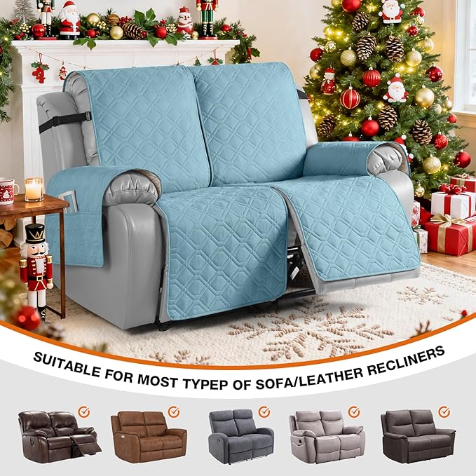 VANSOFY Waterproof Recliner Couch Covers, Sofa Covers 1-Piece Washable Reclining Sofa Cover Non-Slip Furniture Protector with Elastic Straps Pocket for Dogs, Pets(Azuree,2 Seater)