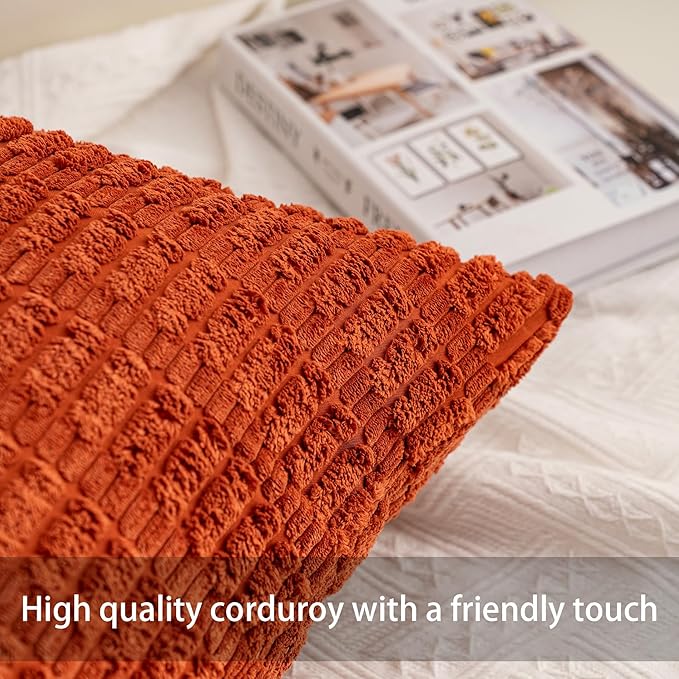 Pack of 2 Corduroy Decorative Throw Pillow Covers 18x18 InchSoft Striped Pillow Covers Modern Farmhouse Home Decor for Sofa Living Room Couch Bed（Wine Red）