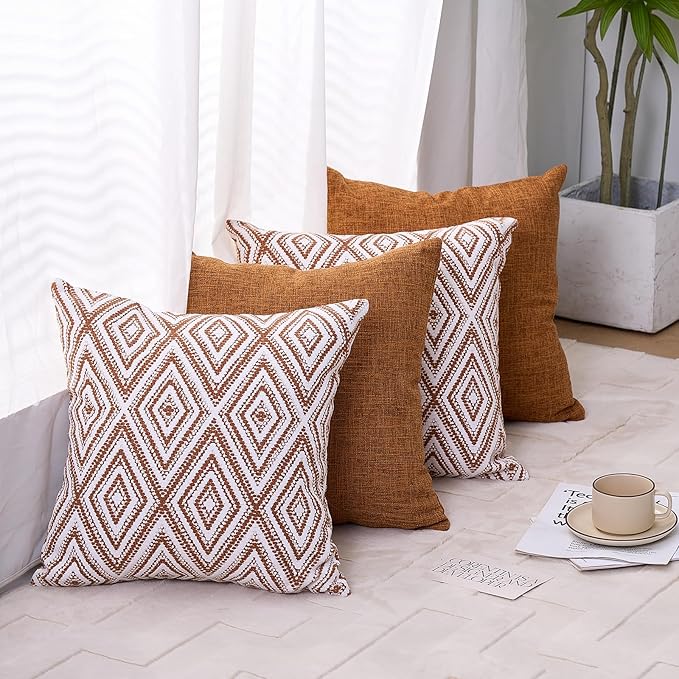 HPUK Decorative Throw Pillow Covers Set of 4 Geometric Design Linen Cushion Cover for Couch Sofa Living Room, 20"x20" inches, Golden Brown