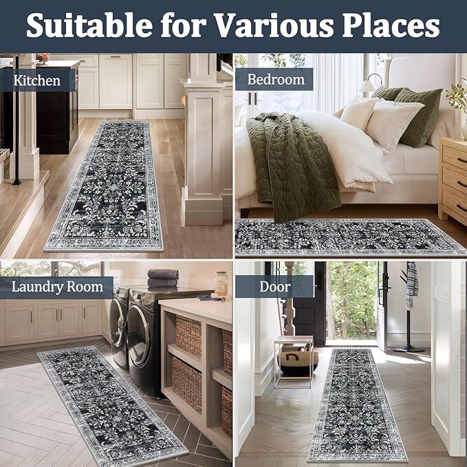 Yamaziot Washable Runner Rug 2x8 – Non Slip Boho Floral Hallway Runner Rug with Rubber Backing, Low Pile Faux Wool Distressed Carpet for Kitchen, Laundry, Bedroom, Entrance, Navy/Black