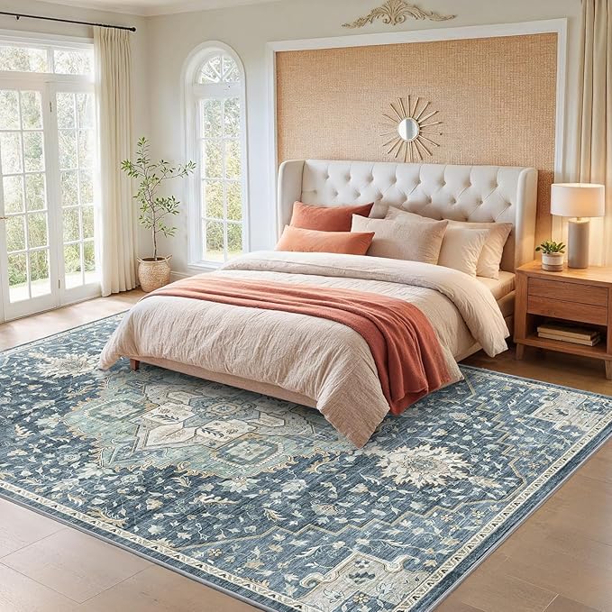 AMADA HOMEFURNISHING 10x14 Washable Area Rug, Low-Profile Large Area Rug with Non-Slip Backing & Durable Edge Binding, Vintage Large Rugs for Living Room, Bedroom & Dining Room