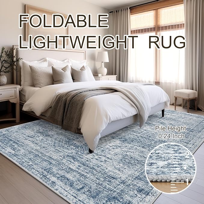 5x7 Area Rugs Blue Low Pile Indoor Washable Trendy Faded Style Rugs for Bedroom Living Room Dining Room Foldable Non-Slip Thin Print Mat