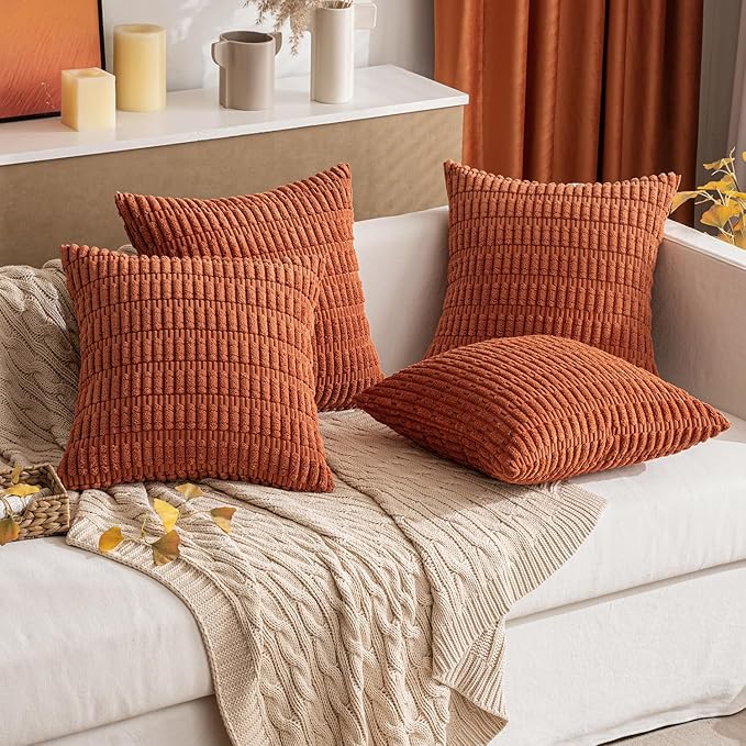 MIULEE Pack of 2 Corduroy Decorative Throw Pillow Covers 18x18 Inch Soft Boho Striped Pillow Covers Modern Farmhouse Home Decor for Sofa Living Room Couch Bed Rust