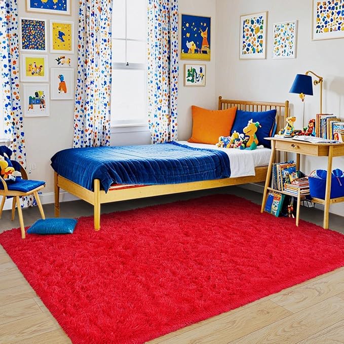 Pionblank Super Fluffy Area Rug for Living Room 5x7 Feet, Modern Indoor Shaggy Carpet, Soft Plush Non Slip Rugs for Bedroom Kids Room Teens Dorm Cloakroom Home Decor, Red