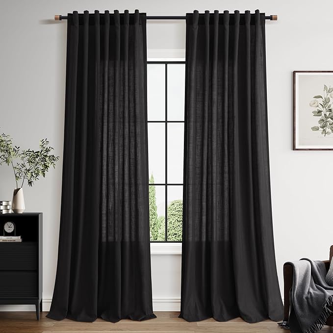 Vintage Black Linen Curtains 102 Inches Long for Living Room Light Filtering Semi Sheer Curtain Back Tab Floor to Ceiling High Window Gothic Vintage Decor Drapes for Bedroom Office 52x102,2 Panels
