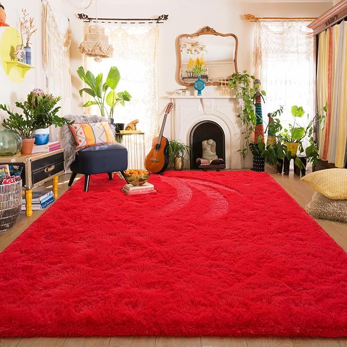 Amearea Premium Soft Fluffy Rug Modern Shag Carpet, 9x12 Feet, Fuzzy Shaggy Rugs for Bedroom Living Room Teen Apartment Decor, Comfortable Indoor Furry Dorm Carpets, Red