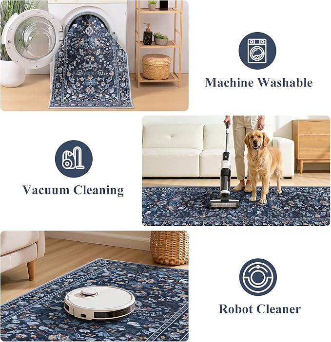 HEBE Washable Hallway Runner Rug 2'x 8' Non Slip Kitchen Rugs Runner,Low Pile Entryway Rug Laundry Room Mat Floral Carpet Runners for Hallways, Kitchen,Bathroom,Laundry,Bedside Rug