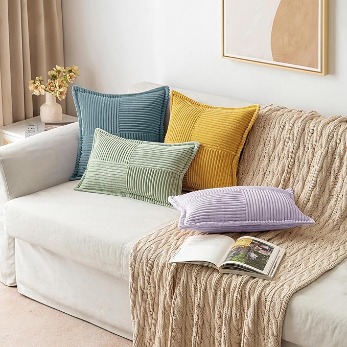 MIULEE Decorative Throw Pillow Covers for Couch Bed Livingroom 20x20 Inch Set of 2 Purple Boho Accent Throw Pllows Broadside Striped Patchwork Soft Corduroy Pillowcases