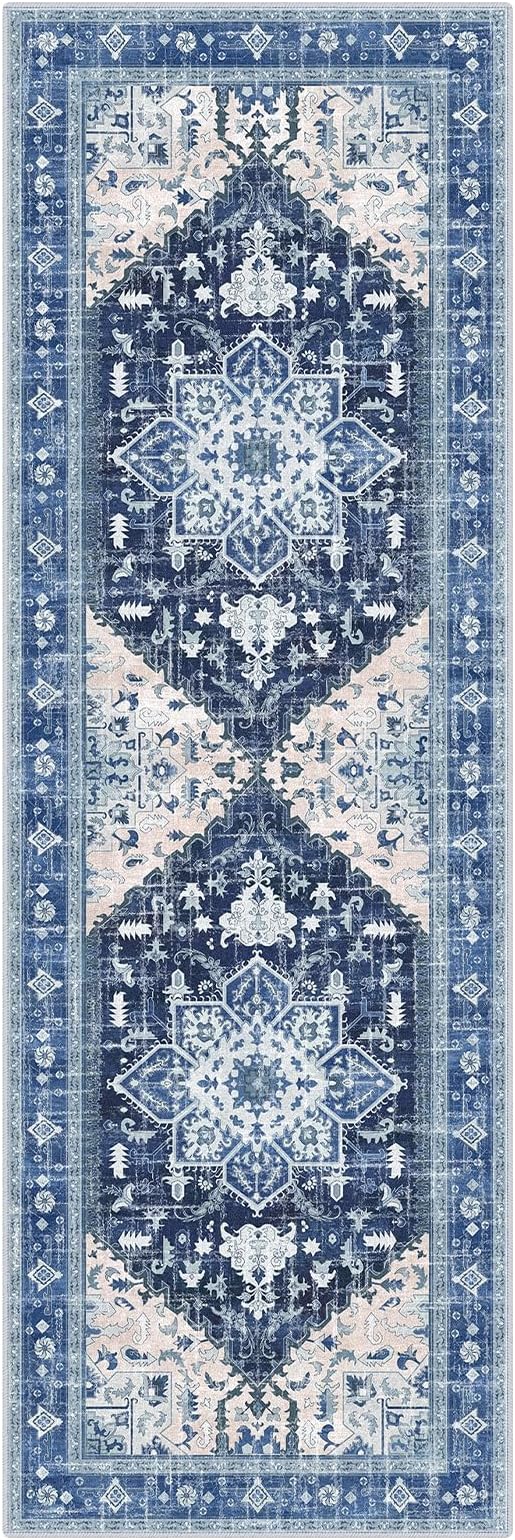 Yamaziot Washable Runner Rug, 2x6 Non-Slip Boho Vintage Hallway Rug Runner with Rubber Backing, Stain Resistant & Low Pile Faux Wool Distressed Carpet Runner for Kitchen, Laundry, Entrance, Blue