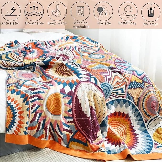 MSGKV Boho Throw Blanket for Bed Couch,100% Cotton Throw Blankets 80''x90'' Travel Spring Reversible Versatile Woven Blanket Home Decor