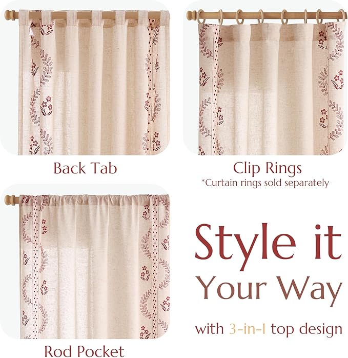 jinchan Belrose Linen Curtains for Bedroom Floral Curtains 63 Inch Length Linen Blend Burgundy Red Embroidered Drapes Farmhouse Flower Patterned Drapes for Living Room Window Treatments Set 2 Panels