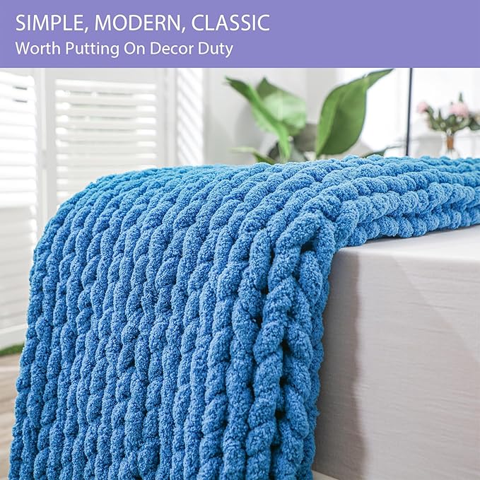 Bigacogo Chunky Knit Throw Blanket for Couch, 40x60 inches, 100% Hand Knitted with Thick Jumbo Chenille Yarn, Cozy Soft Large Rope Knot Cable Crochet Blankets for Sofa Bed Living Room, Bright Blue