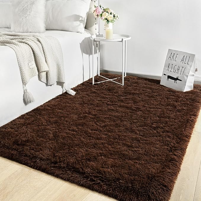 TWINNIS Super Soft Shaggy Rugs Fluffy Carpets, 4x5.9 Feet, Indoor Modern Plush Area Rugs for Living Room Bedroom Kids Room Nursery Home Decor, Upgrade Anti-Skid Rectangular Fuzzy Rug, Brown