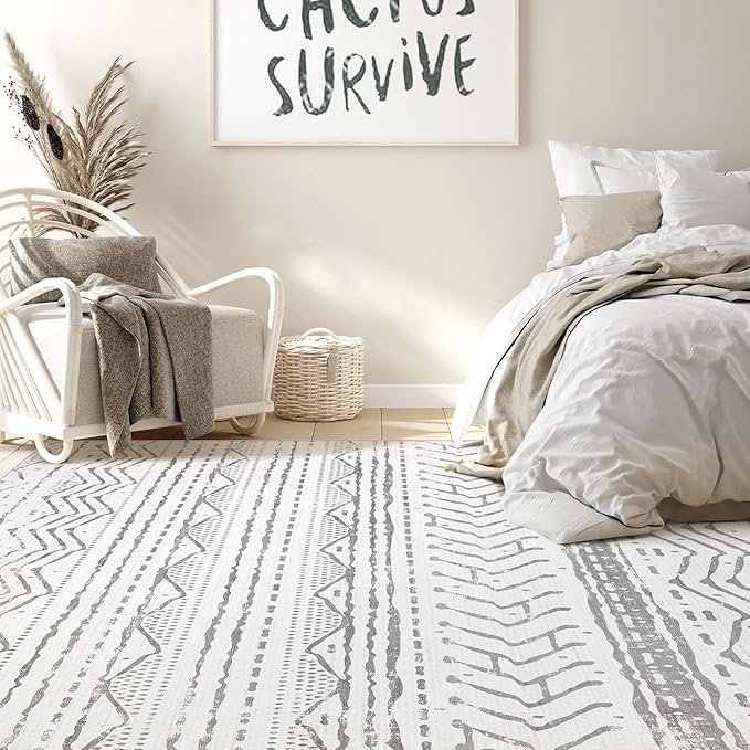 Nakagishi Area Rugs 9x12 Living Room: Washable Boho Large Neutral Modern Soft Farmhouse Rug Stain Resistant Indoor Non-Slip Accent Carpet for Bedroom Nursery Kids Playroom Office Dining Room- Gray