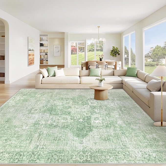 Area Rug 8x10 Washable Rug, Vintage Boho Medallion Rugs Non-Slip Soft Low Pile Large Distressed Rug Indoor Retro Carpet for Living Room Bedroom Dining Room Home Office (SageGreen, 8'x10')