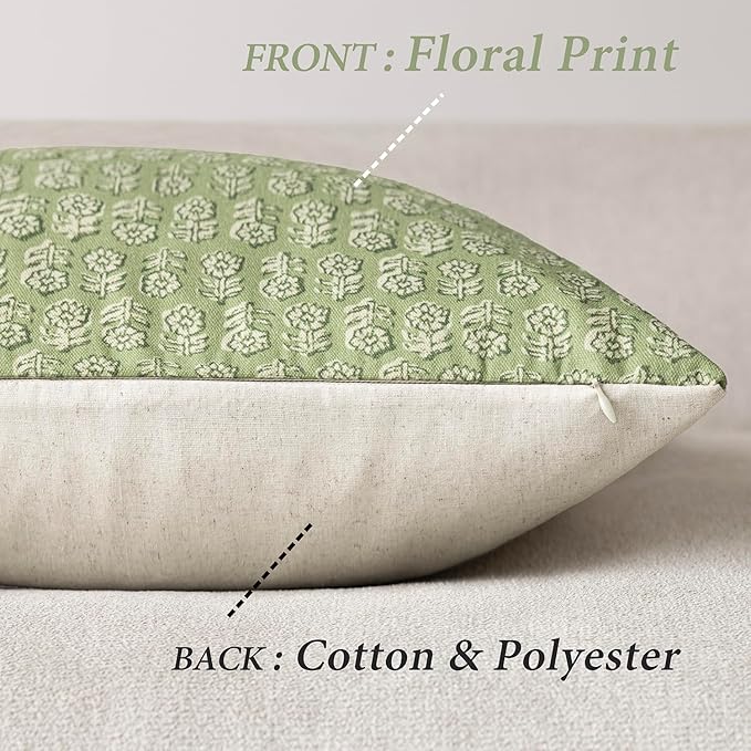 Foindtower Set of 2 Decorative Neutral Floral Print Throw Pillow Covers Vintage Accent Farmhouse Cushion Covers Boho Home Decor for Sofa Couch Chair Bedroom Living Room Outdoor,20×20 Inch,Lime Green