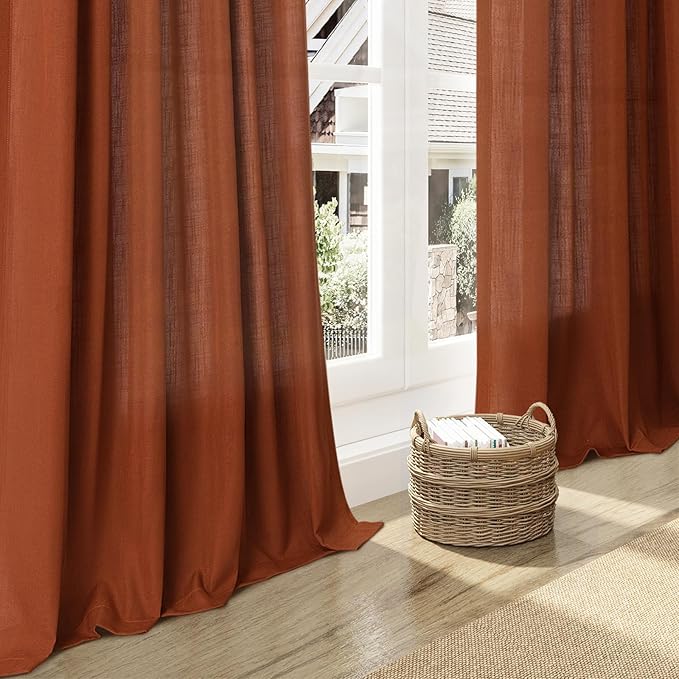 Nanspring Terracotta Linen Curtains 63 Inches Length 2 Panels for Living Room Back Tab Pocket Light Filtering Semi Sheer Drapes Cotton Linen Textured Brick Burnt Orange Window Curtain 52X63 Inch