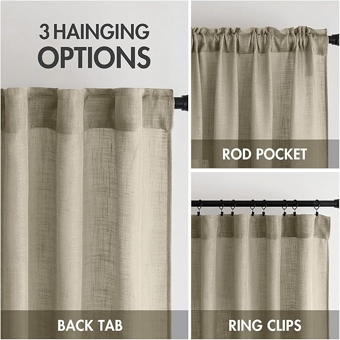 MIULEE Oatmeal Linen Curtains 72 Inch Length 2 Panels for Bedroom Living Room, Soft Thick Linen Textured Natural Window Drapes Semi Sheer Light Filtering Back Tab Rod Pocket Burlap Look Decor