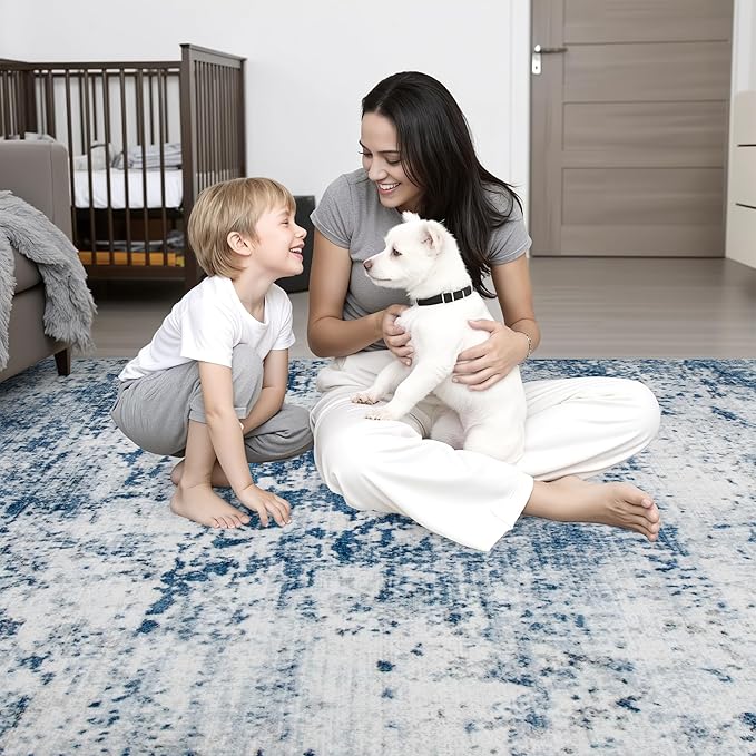 10x14 Area Rug Living Room Rug: Washable Modern Abstract Soft Thin Rug Indoor Floor No Slip Stain Resistant Carpet for Bedroom Dining Room Farmhouse Nursery Home Office - Blue