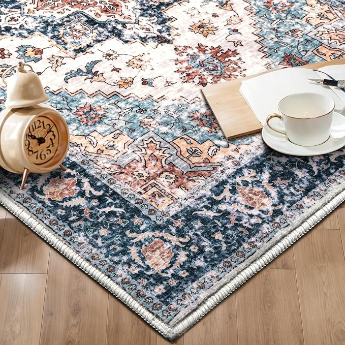 SERISSA 5x7 Boho Area Rug, Washable Large Rugs for Living Room, Ultra Soft Non-Slip Bedroom Rug Print Distressed Vintage Tribal Farmhouse Carpet Blue Orange Rug for Dining Room Dorm Office Home Decor