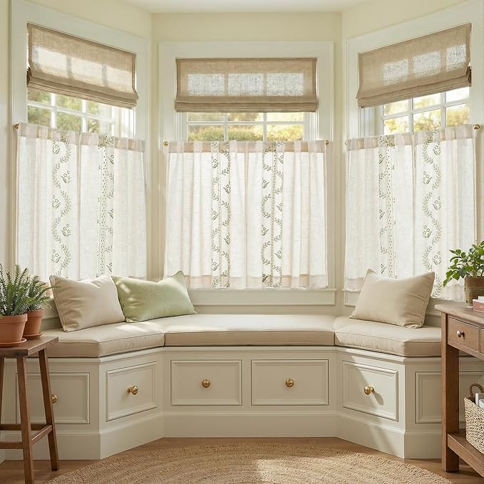 jinchan Belrose Linen Floral Kitchen Curtains 36 inch Length Embroidered Farmhouse Cafe Curtains for Living Room Bathroom Small Windows Curtain Set Sheer Light Filtering 2 Panels Sage Green