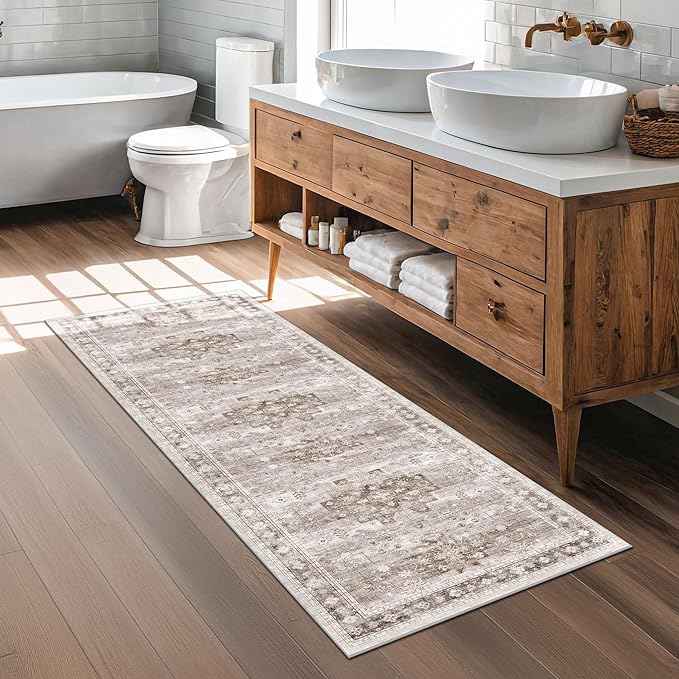 Hazo Haus Boho Bathroom Rug 2x5 Runner, Neutral Farmhouse Kitchen Rugs, Small Throw Runners for Laundry Room Bedroom, Vintage Floral Décor, Non-Slip Low-Pile Washable Stain Resistant Beige Latte