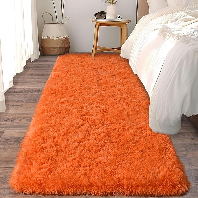 Soft Runner Rugs for Bedroom Hallways, 2x5 Orange Fluffy Shag Throw Area Rug Non Slip for Bedside Dorm, Long Shaggy Furry Carpet for Nursery Living Room