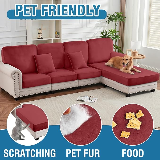 Couch Cover 8-Piece Elastic Velvet Couch Cushion Covers & Chaise Slipcovers for L-Shaped Sofas, Sofa Seat Covers Washable, Soft Cover for Couches (7 Seater + Chaise, Christmas Red)