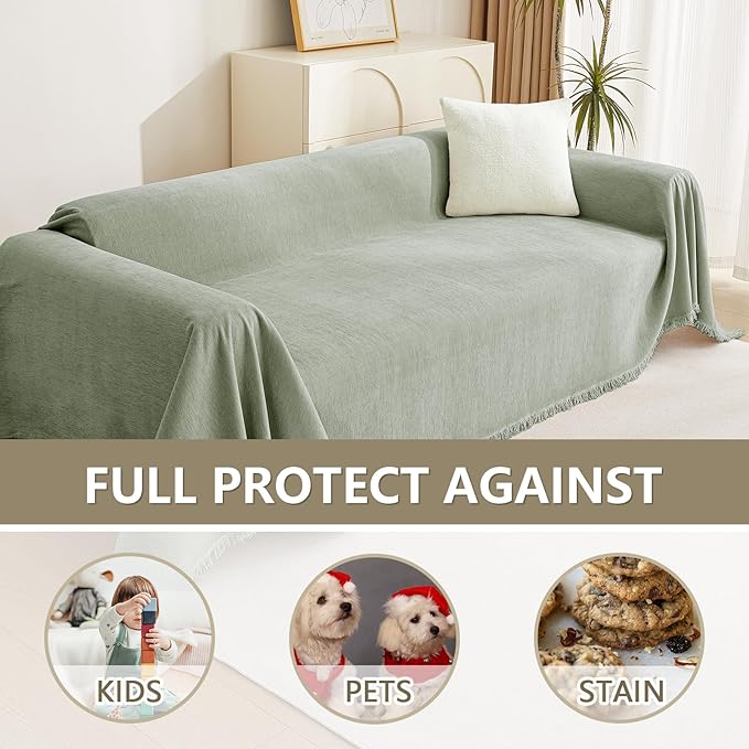 MYSKY HOME Easy Fitted Couch Cover for Dogs Stain Resistant Couch Cover Sage Sofa Covers for 2 Cushion Couch Multi-Use Sectional Couch Covers for Loveseat Universal Tassel Sofa Throw 91"X 118"