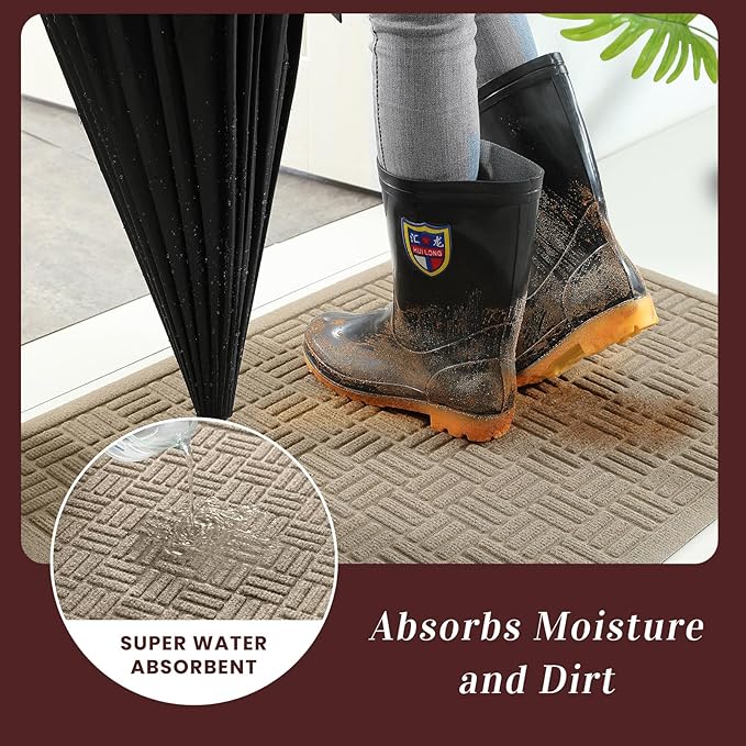 Mibao Front Door Mat Indoor Outdoor Entrance, Dirt Trapping Waterproof All-Season, All-Weather Doormat, Non-Slip Durable Natural Rubber Low Profile Easy Clean Patio Entrance Mat, 61.5" x 36", Beige