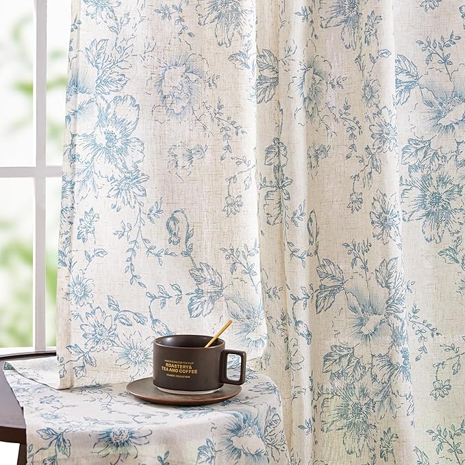 jinchan Linen Blend Curtain Floral Curtains for Living Room 108 Inch Length Blue Printed Curtain Rod Pocket Back Tab Farmhouse Peony Flower Patterned Drapes Bedroom Window Curtains Set 2 Panels