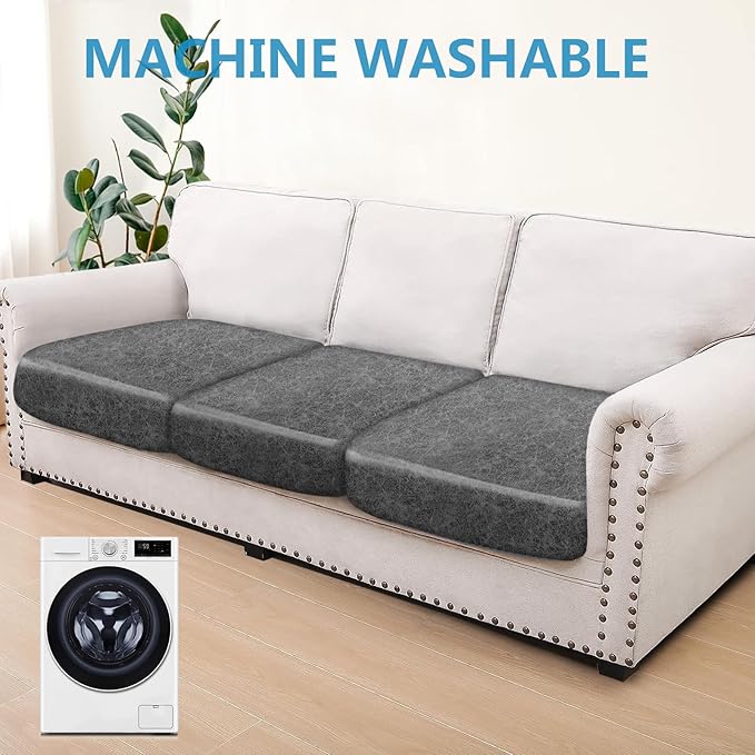 Leather Look Couch Cushion Covers Sofa Seat Slipcovers Sets Couches Furniture Protector for Sectional Armchair Loveseat Pets Kids Stretch Spandex Fabric (3 Cushion Sofa, Light Grey-04)