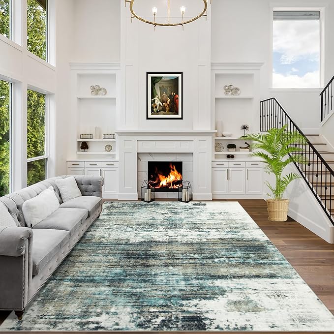4x6 Area Rugs Washable Rug: Modern Abstract Living Room Rug Soft Anti-Skid Thin Carpet Indoor Floor Non-Shedding Carpets for Bedroom Dining Room Farmhouse Nursery Home Office - Green Multi