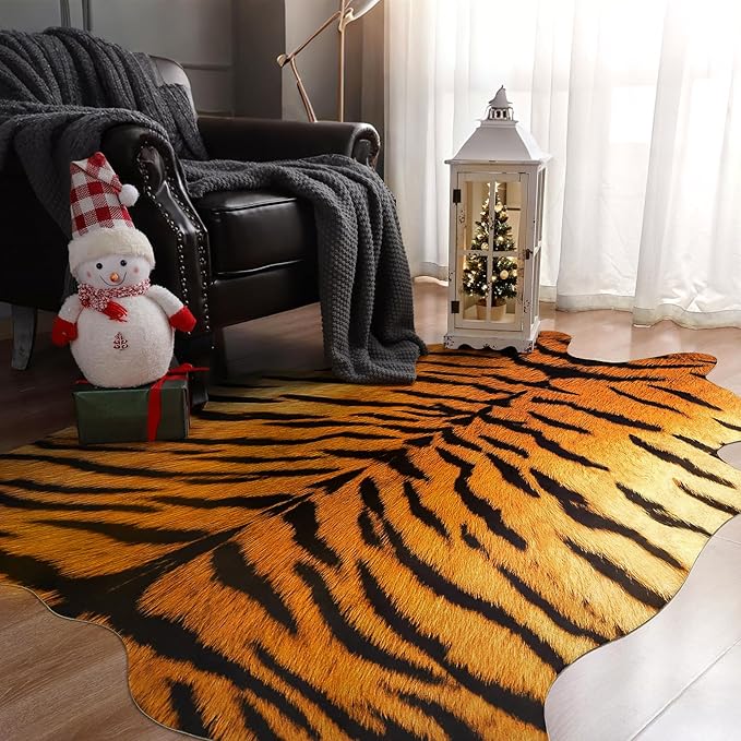 AROGAN Premium Tiger Print Rug 4.6x5.2 Feet, Machine Washable Faux Fur Rug, Non-Slip Animal Print Hide Tiger Skin Area Rug for Bedroom Living Room Home Decor