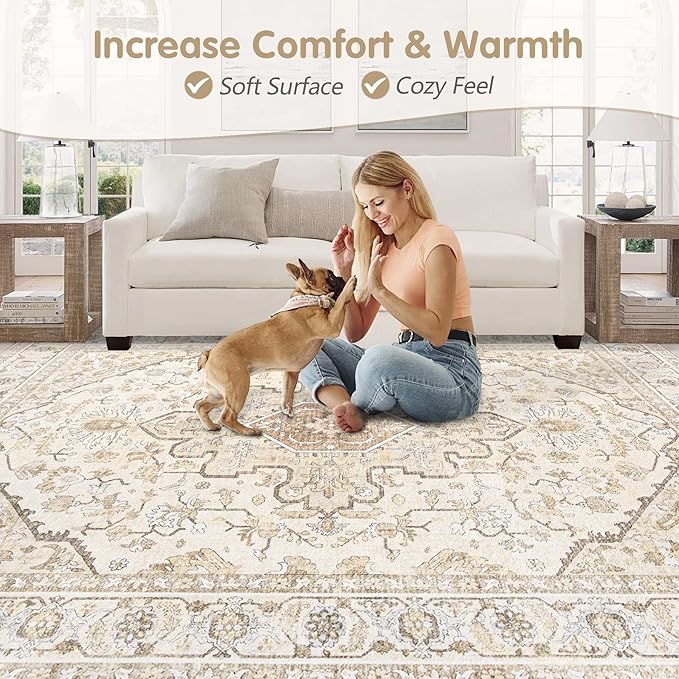 Area Rugs 8x10 Vintage Rug: Large Washable Living Room Rug Retro Medallion Distressed Soft Low Pile Non-Slip Indoor Floor Carpet for Bedroom Kitchen Nursery Dining Office (BeigeBrown, 8'x10')