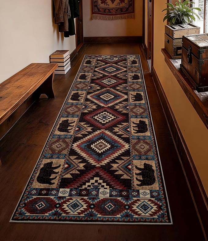 Western Runner Rug 2'8"x8' - Rustic Cabin Washable Rug, Non-Slip Low Pile Soft Carpet, Lodge Geometric Print Floor Runner Rugs for Hallway, Entryway, Bedroom, Kitchen, Laundry