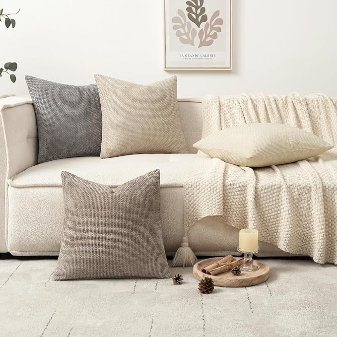 MIULEE Pack of 4 Couch Throw Pillow Covers 18x18 Inch Neutral Beige/Brown Soft Decorative Chenille Pillow Covers Farmhouse Accent Cushion Covers for Boho Spring Home Decor Sofa Bedroom Living Room