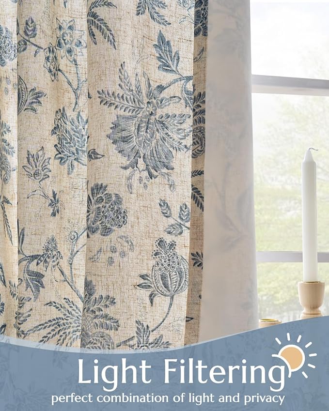 jinchan Lined Linen Floral Curtains for Living Room, 84 Inch Length Printed Flower Farmhouse Patterned French Country Back Tab Blue Window Drapes Set Privacy Bedroom Curtains, 2 Panels