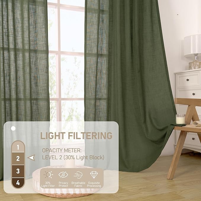 LAMIT Linen Semi Sheer Curtains 96 inches Long 2 Panels Set, Light Filtering Panels Back Tab and Rod Pocket Floor to Ceiling Curtains for Bedroom/Living Room, Olive Green, 52 x 96 Inch