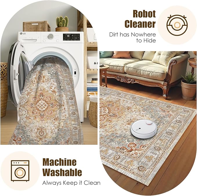 Washable Area Rug 8' x 10' Vintage Traditional Persian Mat - Foldable Distressed Non-Slip Machine Washable Carpet for Living Room Bedroom Kitchen Home Decor - Dove Gray and Coral