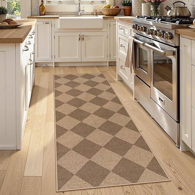 Lahome Colette Checkered Easy Jute Runner Rug, 2x6 Kitchen Mats for Floor Non Slip Washable Entryway Runner, Checkerboard Nature Indoor Outdoor Carpet for Hallway 6ft Entry