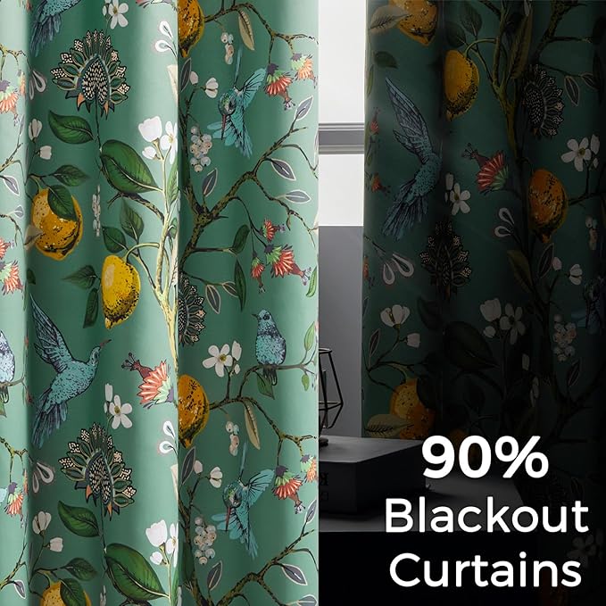 Topfinel 54 Inches Long Short Floral Spring Curtains for Cafe, Blackout Vintage French Country Grommet Room Darkening Patterned Sage Green for Bedroom Dining Living Room