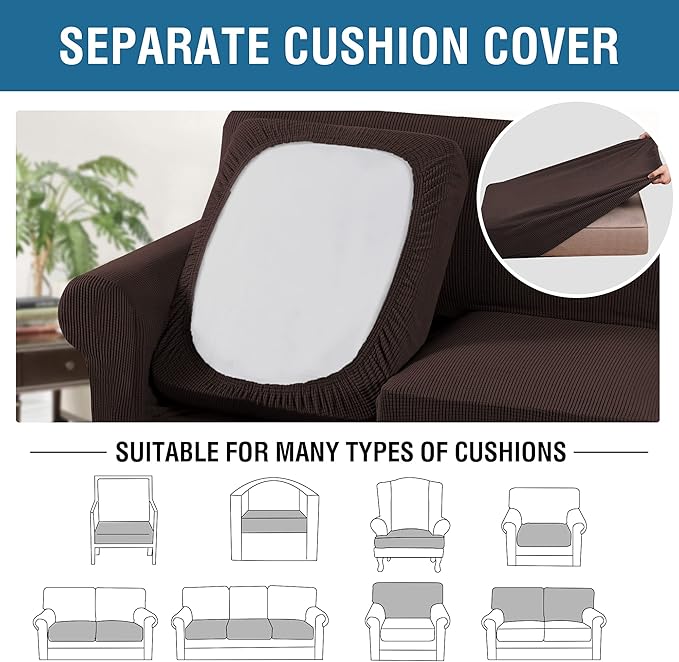 H.VERSAILTEX 3 Piece Stretch Sofa Covers for 2 Cushion Loveseat Couch Covers for Living Room Sofa Slipcovers (Base Cover Plus 2 Seat Cushion Covers) Thicker Jacquard Fabric(Medium Sofa, Chocolate)
