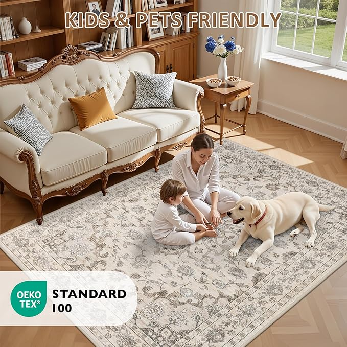Area Rugs 10x12 Living Room Rug: Washable Rug Soft Vintage Distressed Floral Carpet Indoor Non-Slip Stain Resistant Large Carpets for Bedroom Dining Room Farmhouse Nursery Home Office Brown Beige