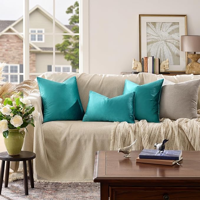 GIGIZAZA Decorative Small Lumbar Pillow Covers,Set of 2 Cushion Covers Velvet Teal Peacock Green Pillows,Sofa Throw 12 X 20 Pillow Covers