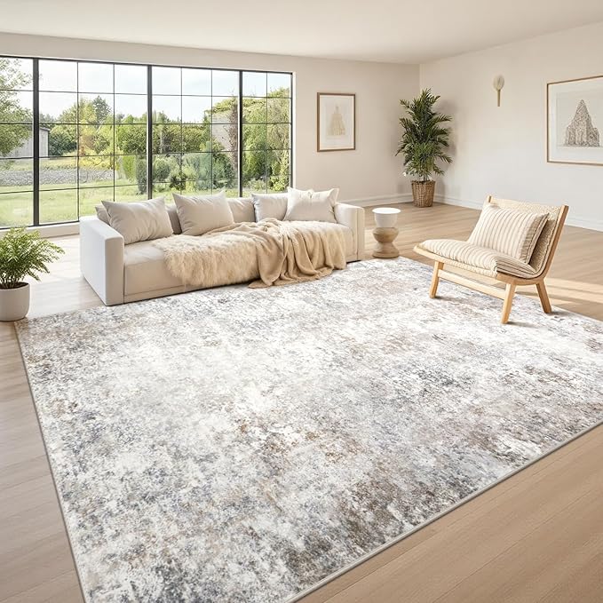 Srugn Washable Rugs 10x14 Area Rugs for Living Room,Modern Abstract Rugs for Bedroom,Large Carpets,Ultra Soft Faux Wool Retro Dining Room Rug,Non Slip&Non-Shedding Low Pile Print Rug- Beige Grey