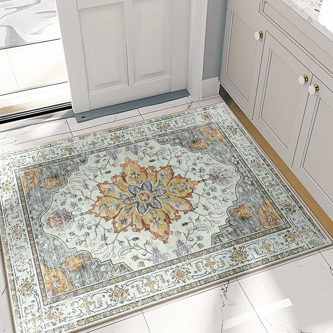 RELEANY Area Rugs 2'x3' Washable Non-Slip, Floral Vintage Distress Print Pattern Medallion Carpet for Living Room Bedroom Dining Room, Light Yellow Carbon Grey Orange