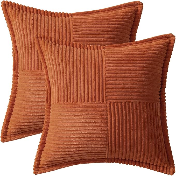 MIULEE Rust Decorative Throw Pillow Covers for Couch Bed Livingroom 20x20 Inch Set of 2 Boho Accent Throw Pllows Broadside Striped Patchwork Soft Corduroy Pillowcases