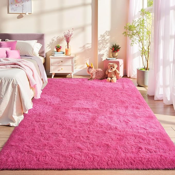 LOCHAS Ultra Soft Indoor Modern Area Rugs Fluffy Living Room Carpets for Children Bedroom Home Decor Nursery Rug 4x5.3 Feet,Hot Pink